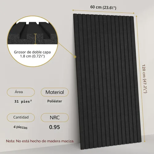 Miniatura 3 de TONOR Paneles de pared acústicos de doble capa autoadhesivos de alta densidad, paquete de 4 paneles de 47.2"x23.6"x0.72", paneles grandes de pared