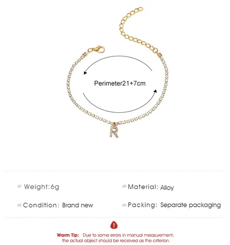 Miniatura 6 de Zeshimb Tobillera con inicial, cadena de cristal dorado, tobillera de tenis, letra R, cadena de tobillo Hip Hop, diamante R, alfabeto, tobillera