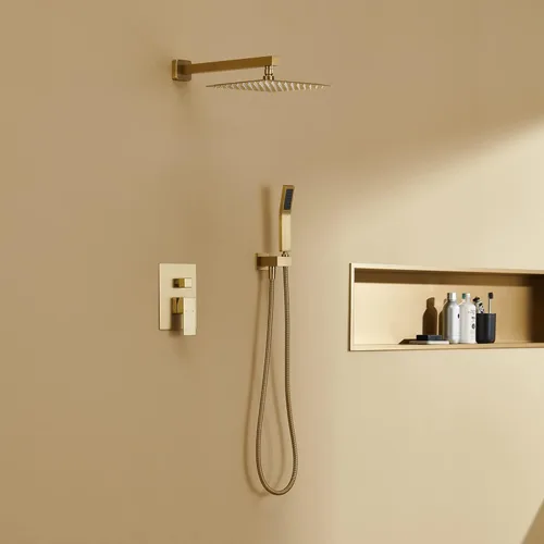 Miniatura 7 de Sistema de ducha de 10 pulgadas, juego combinado de ducha de lluvia dorado cepillado montaje en pared, grifería de baño con cabezal de ducha de Oro