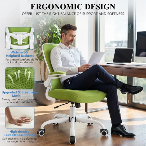 Miniatura 5 de FelixKing Silla de oficina, silla de escritorio ergonómica, sillas de malla transpirable, respaldo alto, soporte lumbar ajustable, reposabrazos Verde