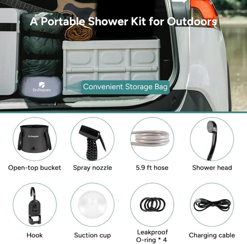 Miniatura 6 de DR.PREPARE Ducha portátil para acampar, ducha de camping con cubo plegable de 4.5 galones, batería recargable USB, 2 cabezales de ducha, duchas