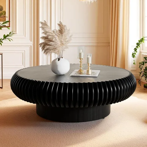 Miniatura 10 de Mesa de centro redonda de tambor estriado para sala de estar, mesas de centro modernas de mediados de siglo con pedestal resistente, mesa de té negro