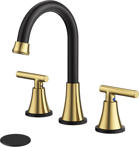 Miniatura 13 de Grifos de Baño para Lavabo de 3 Orificios, Hurran Grifo de Lavabo de Baño Dorado Cepillado con Desagüe Pop-up y Líneas de Suministro, Grifo Oro