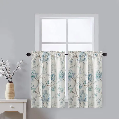 Miniatura 33 de Leeva Cortinas rústicas de cocina con estampado floral verde mezclado de lino para media ventana, para comedor, bolsillo para barra, cafetería