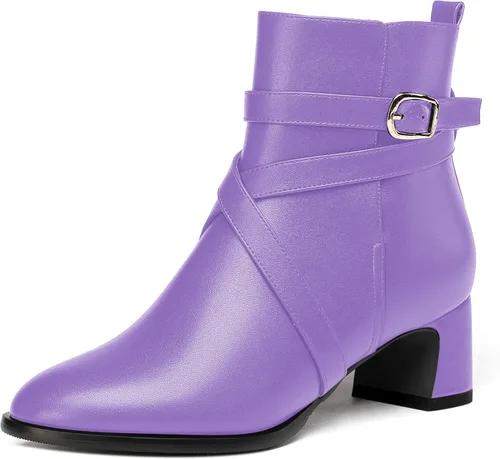 Miniatura 10 de WAYDERNS Botas altas de tobillo con hebilla casual para mujer, con correa de tobillo sólida mate, tacón bajo y grueso, 2 pulgadas