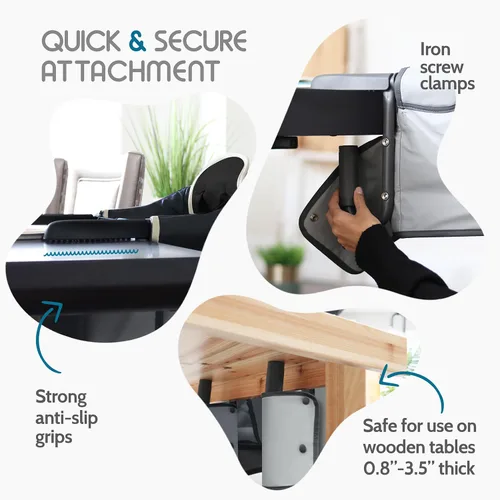 Miniatura 3 de Elegante silla alta de piel sintética con gancho para bebé, asiento de bebé portátil para comer, viajar y accesorio de mesa Gris
