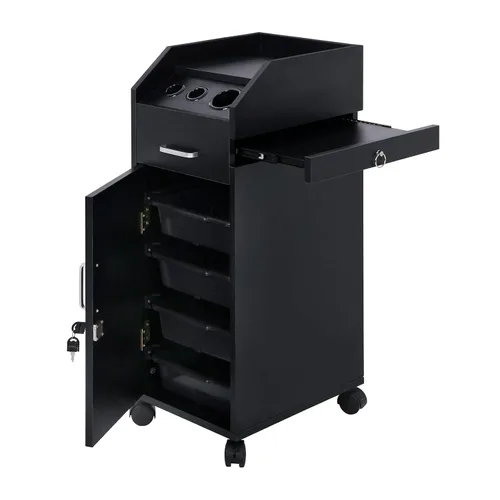 Miniatura 9 de Winado Carrito de almacenamiento de peluquería con ruedas y 3 soportes para secador de pelo, 4 cajones y cerradura y 2 llaves, estación de Negro