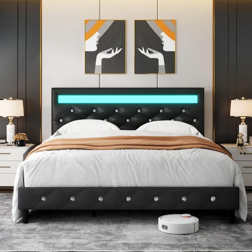 Miniatura 3 de TTVIEW Base de cama Queen con luces LED, marco de cama de plataforma de cuero con cabecera tapizada ajustable, luces LED de control de aplicación
