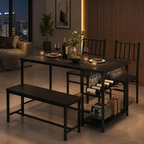 Miniatura 4 de 4 EVER WINNER Juego de mesa de comedor negra para 4 personas con banco, juego de mesa de cocina y sillas de 55 pulgadas con estante para vino