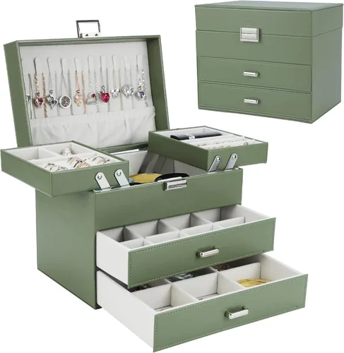 Dajasan Caja organizadora de joyas para mujeres y niñas, organizador de joyas, caja de joyería de cuero de 4 capas, idea de regalo para el día de