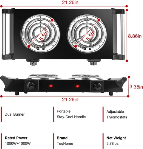 Miniatura 6 de Placa caliente de 2000 W, estufa eléctrica portátil para encimera, quemadores de bobina doble con control de temperatura de 5 niveles y asas que se