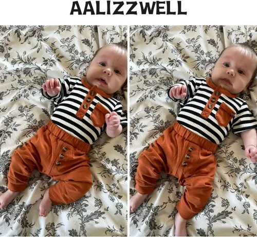 Miniatura 4 de Aalizzwell Traje de verano a rayas para bebés recién nacidos