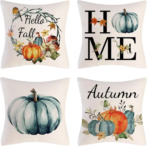 Miniatura 21 de Happy Fall - Funda de almohada decorativa de otoño para interiores y exteriores, funda de cojín de lino con calabaza azul acuarela para sofá, sala