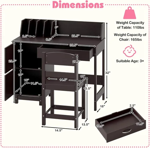 Miniatura 8 de Costzon Juego de escritorio y silla para niños, escritorio de estudio de madera para estudiantes con aparador, cajón de almacenamiento y gabinetes