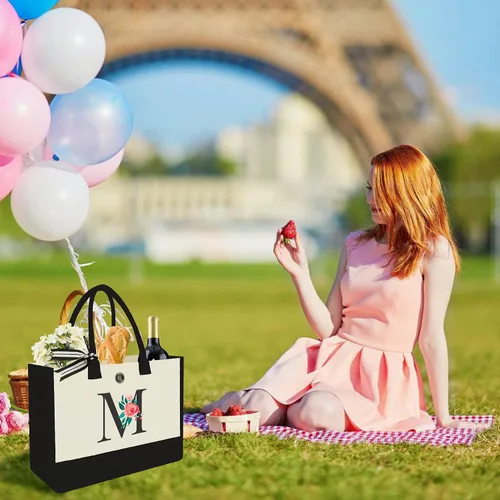Miniatura 185 de Bolsa de lona con inicial, regalos de cumpleaños personalizados para mujeres, madres, amigas y profesoras, bolsas de mano con monograma adecuadas