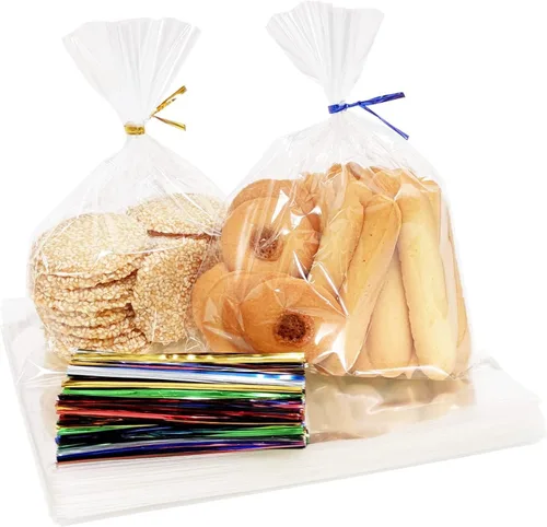 Miniatura 6 de 100 bolsas de celofán de 8 x 10 pulgadas, bolsas transparentes para golosinas con lazos giratorios de 4 pulgadas, bolsas de plástico