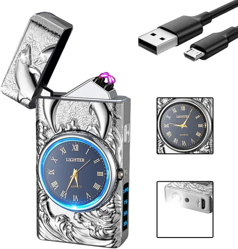 GADATOP Encendedores eléctricos recargables, encendedores de plasma de diseño vintage, con reloj de delfín 3D, luz LED para acampar (plateado)