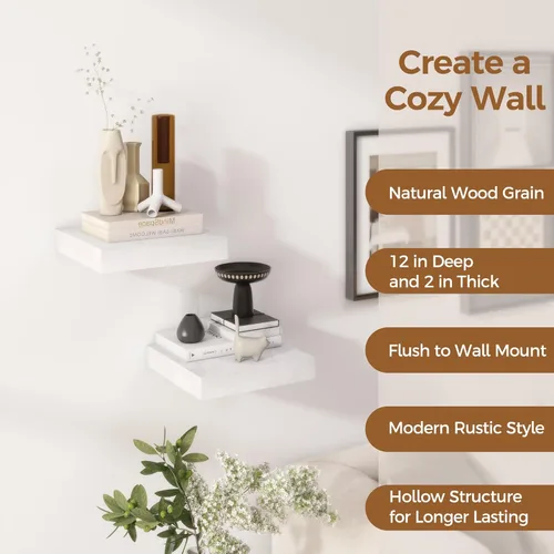 Miniatura 5 de Fun Memories - Estante flotante de 12 pulgadas, estantes de pared de madera rústica para decoración de pared y almacenamiento, estante flotante