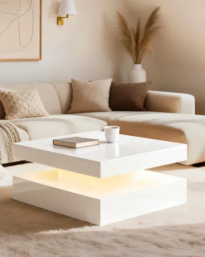Miniatura 12 de FKWin Mesas de centro negras para sala de estar, mesa de centro LED con luces, moderna mesa de centro negra con superficie de alto brillo, mesa