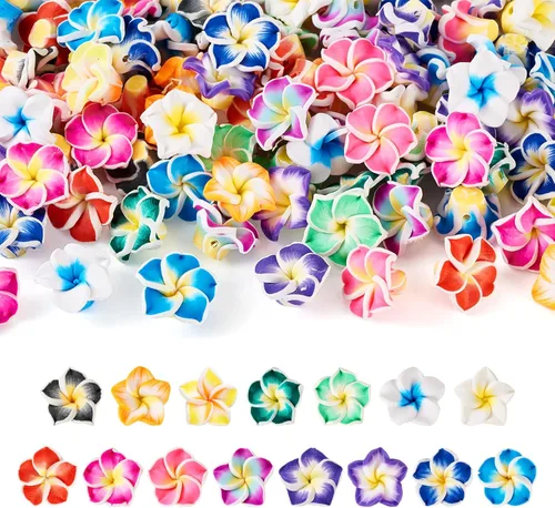 Miniatura 12 de Craftdady 200 cuentas sueltas de arcilla polimérica Plumeria Flower Spacer de 0.472 x 0.315 in, colores mezclados al azar, 5 pétalos, cuentas Flores