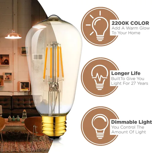 Miniatura 2 de Hudson - Bombillas LED Edison vintage de 4 W (paquete de 4) – Iluminación cálida regulable de 2200 K (equivalente a 40 W) – E26/27 vidrio tinte