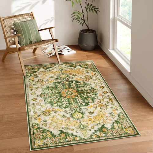 Miniatura 27 de Lahome Alfombra bohemia con medallón floral, 4 x 6 pies, color verde azulado, suave, lavable, antideslizante, apta para mascotas, alfombra
