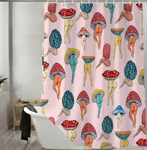 Miniatura 4 de Divertida cortina de ducha con trasero de hongo, linda y sexy de los años 70 y 80, cortinas de ducha de tela para baño, hippie, psicodélica, Rosa-2