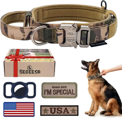 Miniatura 13 de Juego de collar y correa táctica para perro: collar de perro de nailon ajustable con asa que absorbe los golpes, correa retráctil fuerte para perros
