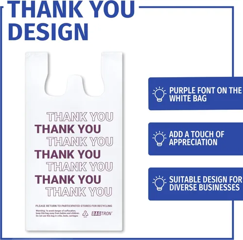 Miniatura 3 de Bolsas de transporte de camisetas de Bagtron con la frase "Thank You", bolsas de plástico desechables con asas para compras y restaurantes, 1/6