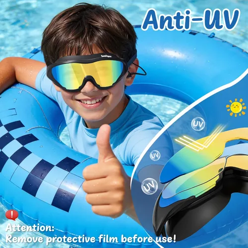 Miniatura 3 de Gafas de natación anti niebla UV para niños de 6 a 14 años, paquete de 2 gafas de natación para niños con tapones para los oídos adjuntos Dorado-azul