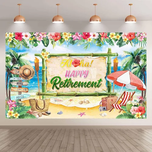 Miniatura 2 de Telón de fondo Aloha Happy Retirement de 72 x 43 pulgadas, para verano, hawaiano, tropical, playa, despedida, fondo de fotografía, Luau, decoración