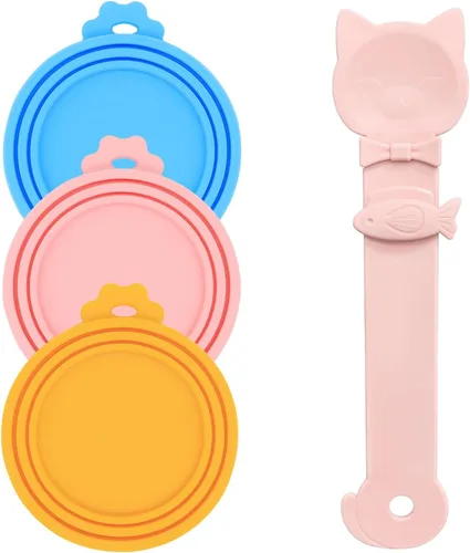 Miniatura 7 de Cuchara para Latas de Comida para Mascotas y 3 Tapas para Latas Espátula Abridor con Forma de Pata Linda Cuchara para Comida Húmeda de Gato Gris