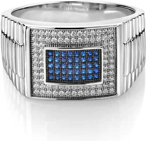 Miniatura 2 de Gem Stone King Anillo de plata de ley 925 con moissanita blanca y zafiro azul para hombre