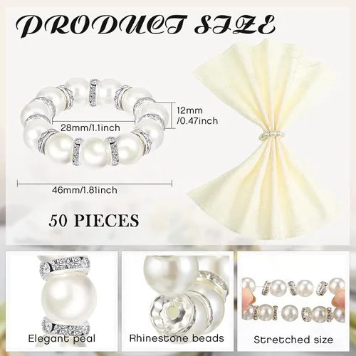 Miniatura 2 de 50 servilleteros de perlas – plata elástica estirada con diamantes de imitación de serviette hebilla de resorte con cuentas para fiesta de Acción