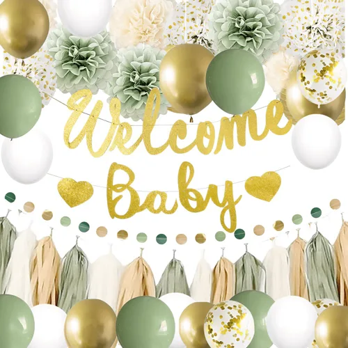 Decoraciones de baby shower, color verde salvia neutro y dorado, pancarta de bienvenida para bebé, globos, pompones de tejido, guirnalda de lunares