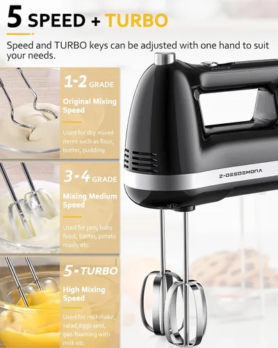 Miniatura 4 de Mezclador de Mano Eléctrico, Mezclador de Mano Potente de 300W Eléctrico de Mano con Batidores 304, Gancho de Masa, Mezclador de Mano con Turbo