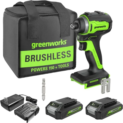 Greenworks - Taladro de impacto sin escobillas de 24 V de 1/4 pulg. inalámbrico, (2) baterías de 2.0 Ah, cargador compacto y bolsa incluidos