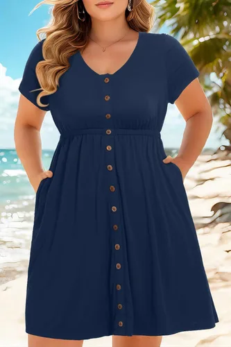 Miniatura 65 de Holipick Vestidos de verano para mujer, talla grande, casual, con bolsillos, acampanado, con botones, sin mangas, cuello en V