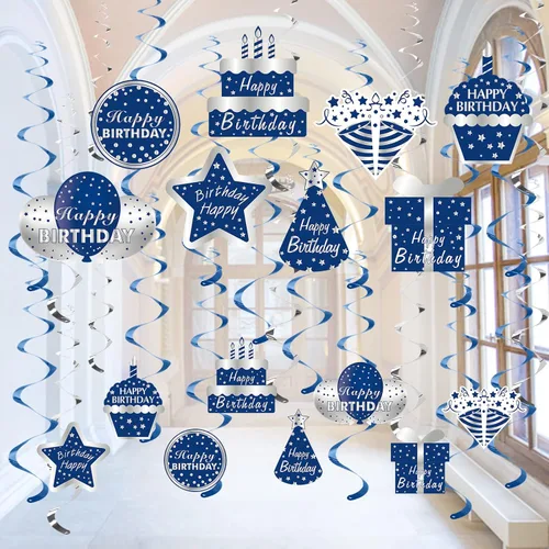 Decoraciones de feliz cumpleaños de color azul y plateado, suministros de fiesta de espirales colgantes, 16 piezas de decoración de feliz cumpleaños