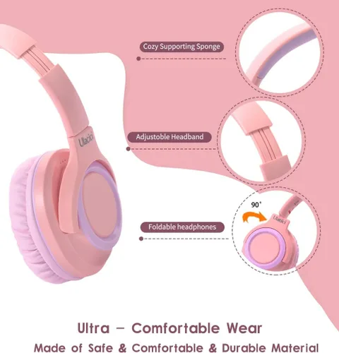Miniatura 4 de U20 - Auriculares para niños, color rosa, auriculares con cable para niños con control de volumen seguro de 94 dB, diseño plegable, cómodos