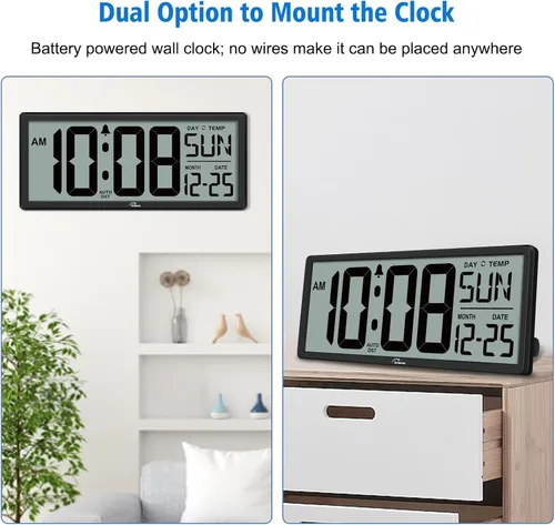 Miniatura 7 de WallarGe Reloj de Pared Digital con Retroiluminación Operado por Batería - con Temperatura y Fecha 14.5'' Reloj de Pared Digital Grande, Fácil