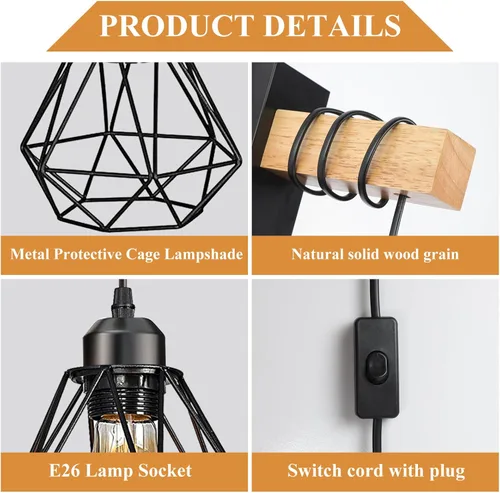Miniatura 4 de Juego de 2 apliques de pared enchufables, luces de pared de granja con cable de enchufe, lámpara de pared rústica negra para dormitorio, mesita