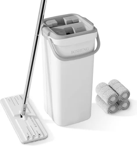 BOSHENG Juego de trapeador y cubo, trapeadores planos para limpieza de pisos, trapeador de pared con mango extensible de 60 pulgadas, mopa de piso