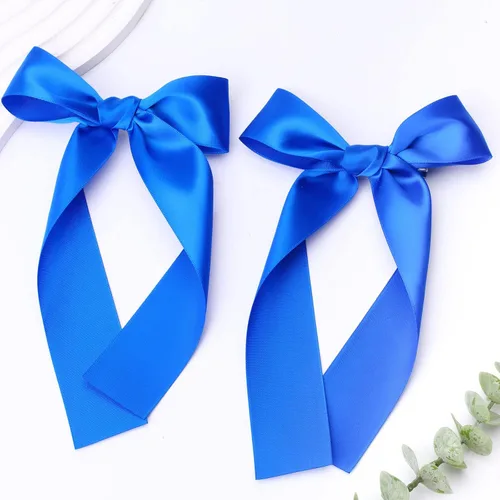 Miniatura 6 de 2 piezas de lazos largos de cinta para niñas, clip de pelo de seda, lazo de cinta para el pelo, accesorios para el cabello para bebés, niños Azul