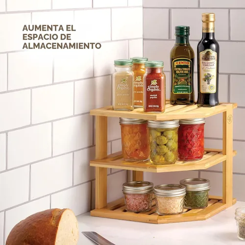 Miniatura 5 de Paquete de 2 organizadores de platos para gabinete, estante esquinero de bambú para almacenamiento de cocina o baño, estante que ahorra espacio