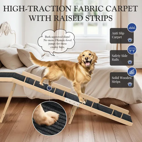 Miniatura 2 de Easyego Rampa plegable para perros para cama y sofá, rampa de madera para mascotas de 74 pulgadas con rieles laterales y alfombra de alta tracción