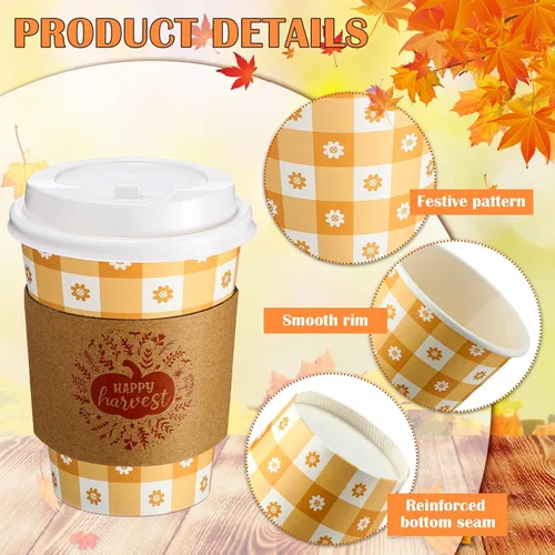 Miniatura 4 de Lallisa Paquete de 100 tazas de café de papel de Acción de Gracias de 12 onzas con tapas y mangas, tazas de café desechables para otoño, Acción
