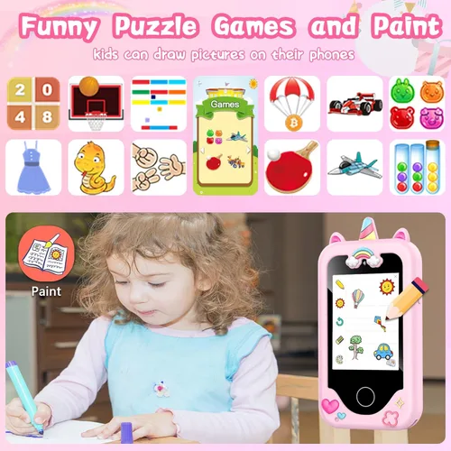 Miniatura 3 de WEOLULI Teléfono inteligente para niños con doble cámara, reproductor de juegos y música, teléfono celular de juguete de aprendizaje para niños