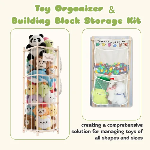 Miniatura 3 de Almacenamiento y organizador de animales de peluche, soporte de madera de 54 pulgadas de alto para juguetes de zoológico con bolsa de almacenamiento