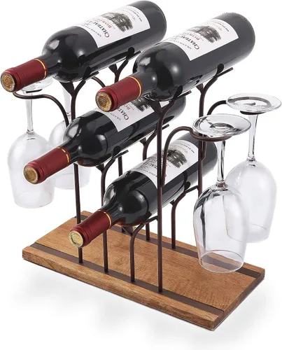Soporte de madera para vino de mesa, estante de vino de encimera, capacidad para 4 botellas de vino y 4 vasos, perfecto para decoración del hogar y